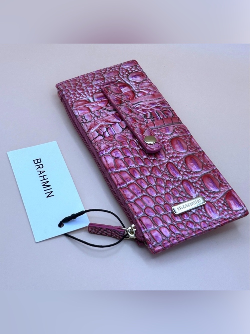 Brahmin Melbourne Crocodile Embossed Leather Slim Wallet French Rose